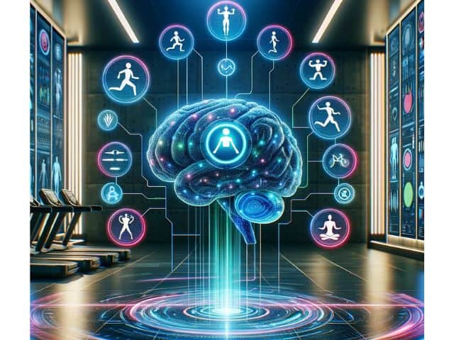 A robot in a gym with workout plans above their head