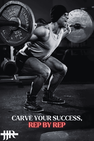 Man squatting a barbell with the Leg Day Quote 'Carve Your Success, Rep by Rep'