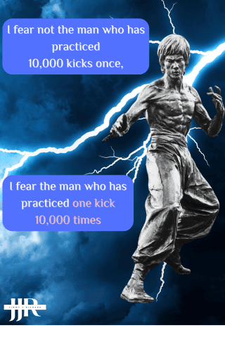 Image of Bruce Lee with the Leg Day Quote 'I fear not the man who has practiced 10,000 kicks once, but I fear the man who has practiced one kick 10,000 times'