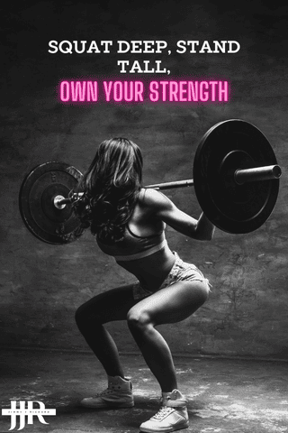Woman squatting a barbell with the Leg Day Quote 'Squat Deep, Stand Tall, Own Your Strength'