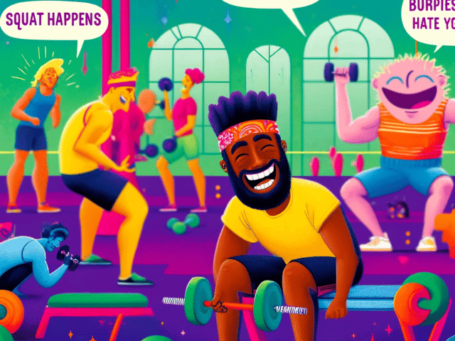 Man lifting weights in gym while laughing to represent Muscle Puns within the Gym Puns list