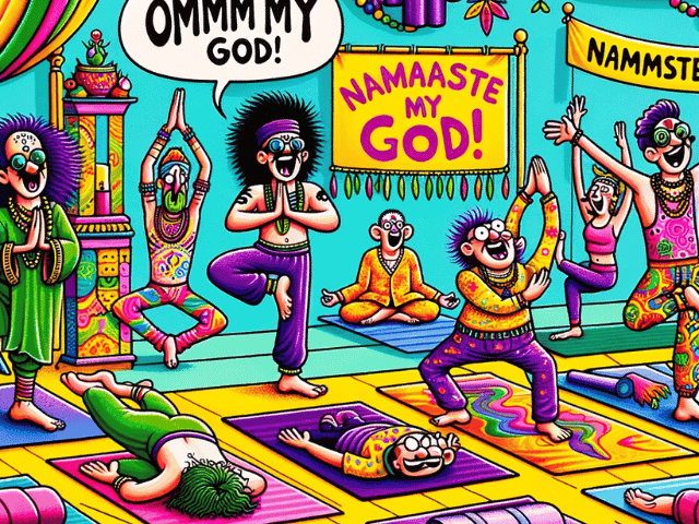 Image of people laughing while doing funny poses in Yoga to signify Yoga related Gym Puns
