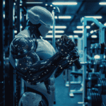An AI robot, in great shape, in the gym highlighting the benefits of ai workout plans