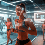 Woman working out in a gym with AI tech assisting her